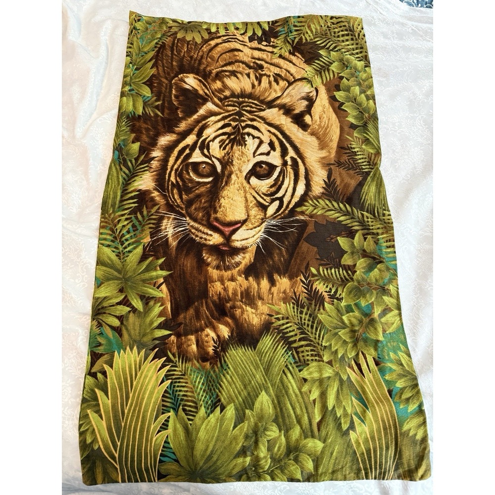 VTG‎ Wesco-Reltex Fabric Curtain 23" x 40" Tiger In Jungle 70s Bark Handmade